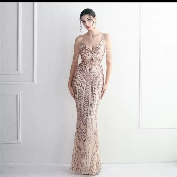 Elegant Sequined Evening Gown in Beige - Picture 9 of 13